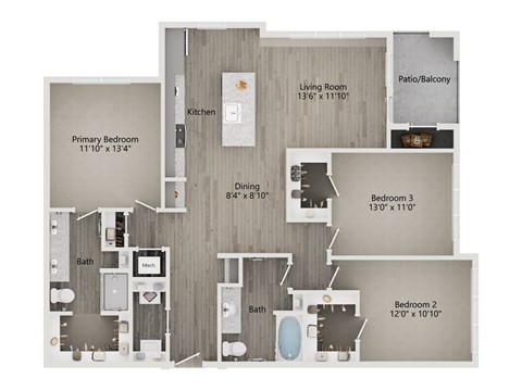Floor plan for 3 beds, 2 baths, 1446 sqft
